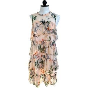 Maxsport NEW Tiered Ruffle Dress Chiffon Floral Peach Sleeveless  Size Medium